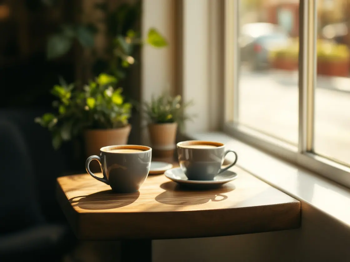A warm, sunlit cafe where two coffees sit on a shared table