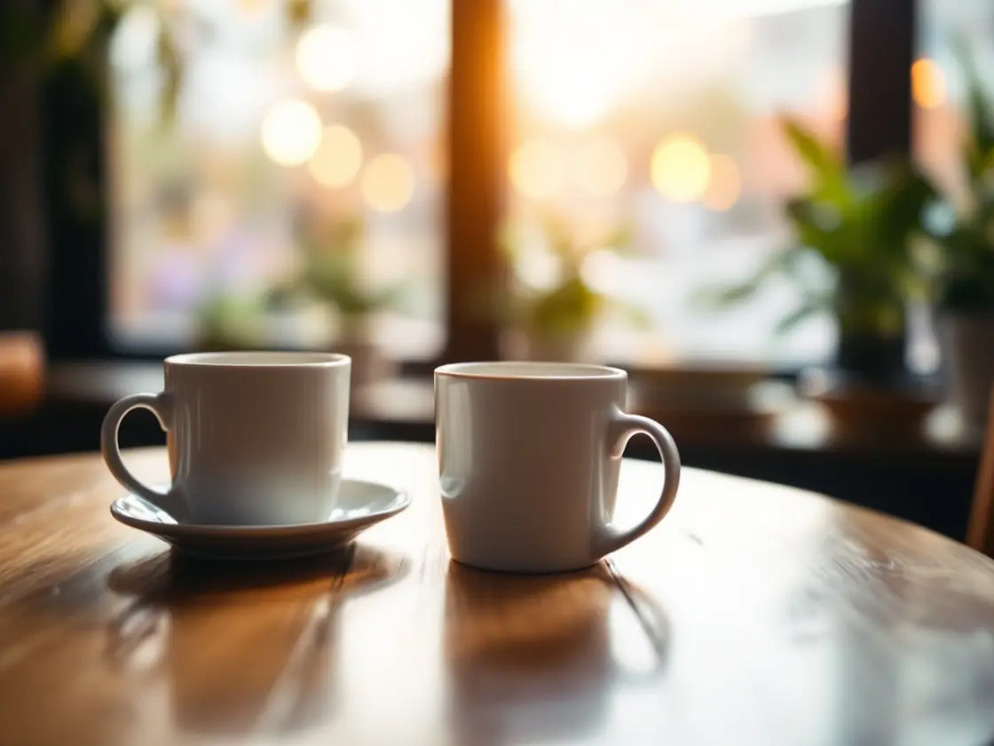 Two people talking over coffee in warm daylight