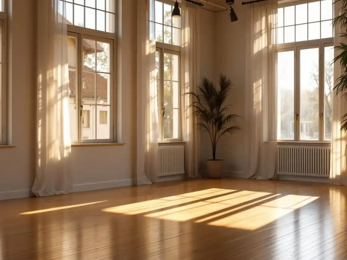 An airy dance studio with a wooden floor and daylight