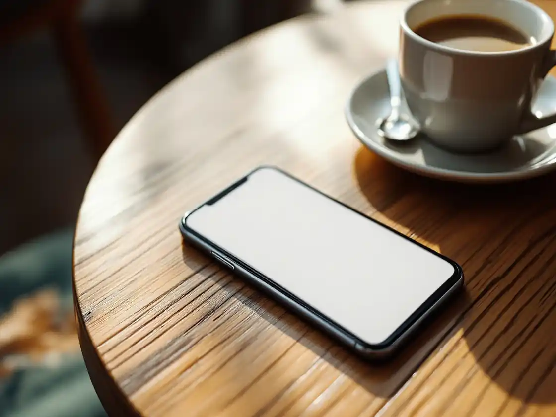 A phone resting on a warm cafe table beside a coffee